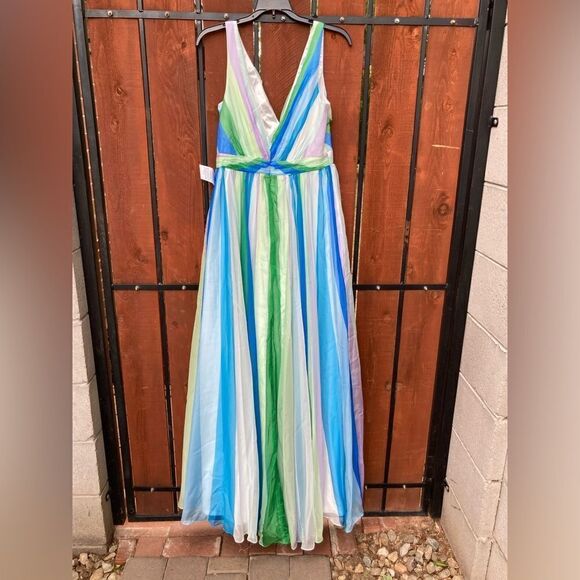 Mac Duggal 68151 Striped V-Neck Multi Sleeveless Gown NWT Blue Multi size 8 - Picture 8 of 10